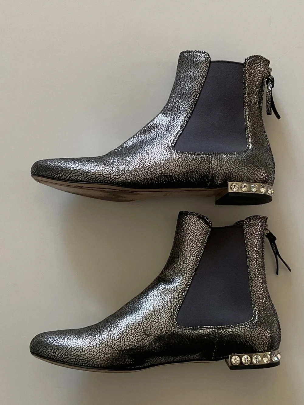 MIU MIU Crackled Silver Metallic Leather Crystal Heel Ankle Boots Sz EU 37